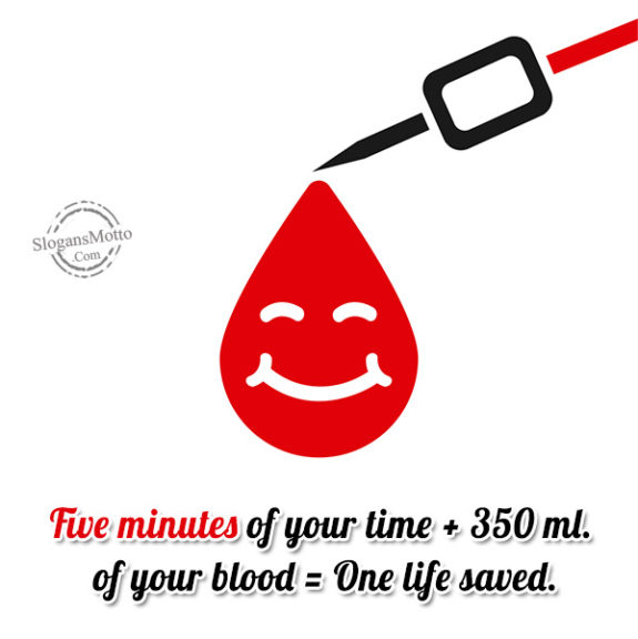 Five minutes of your time + 350 ml. of your blood = One life saved.